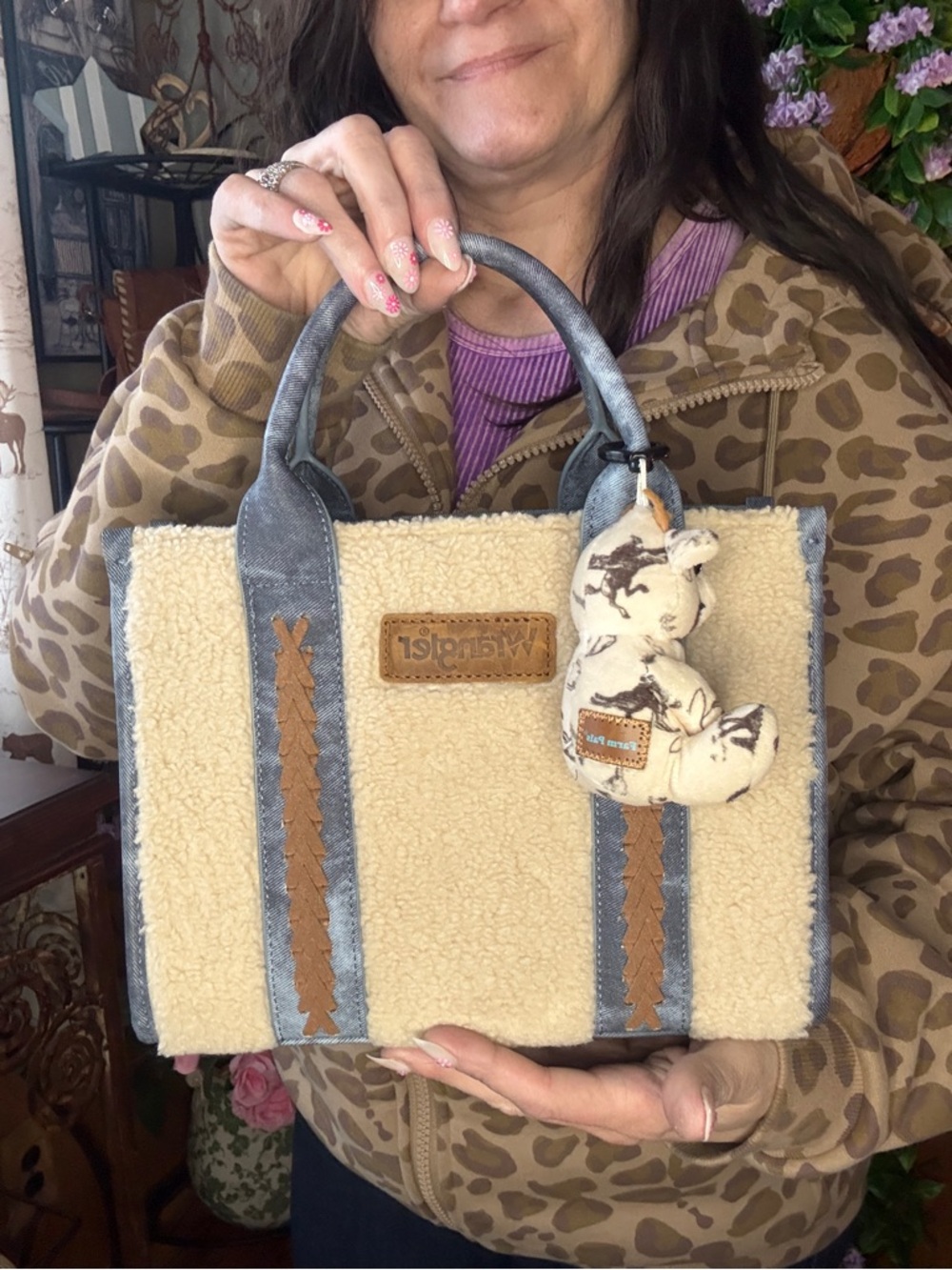Wrangler Cream Sherpa Tote with Blue Denim Handles and Brown Braided Accents